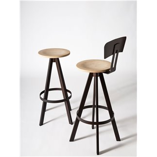 West stool with backrest in iron and wood