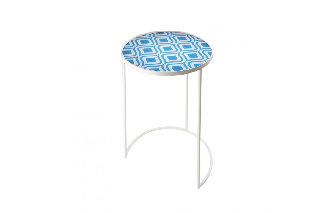Blue, round glass and metal low table