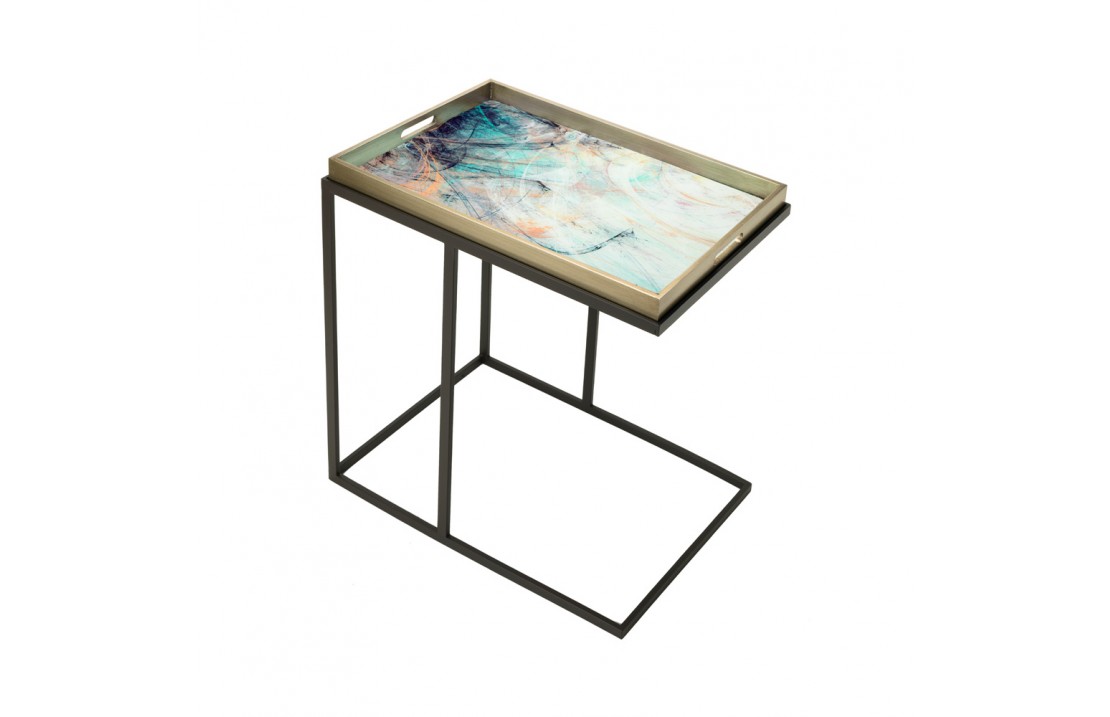 Astratto, tavolino in vetro e metallo con vassoio integrato