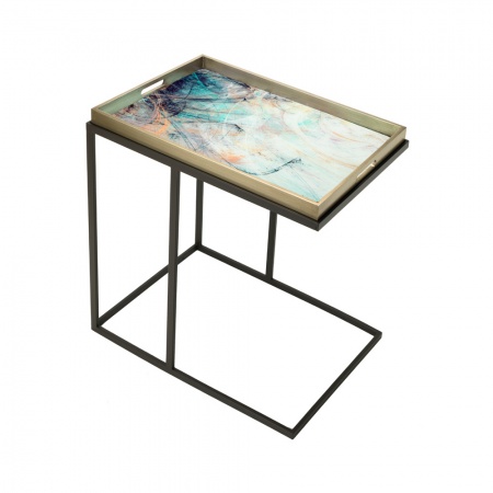 Astratto, tavolino in vetro e metallo con vassoio integrato