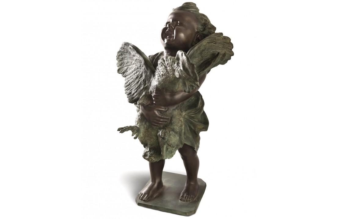 Cherub with the rooster bronze sculpture