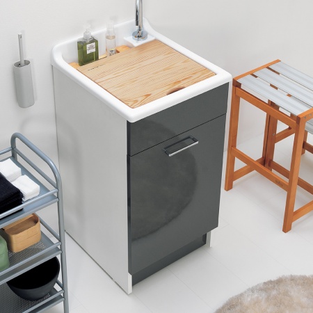 Jollywash, cabinet washtub with single door and laundry basket