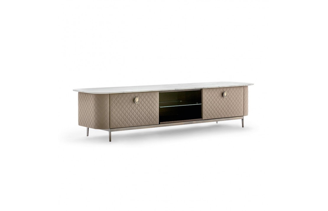 Penelope TV cabinet covered in leather with marble top