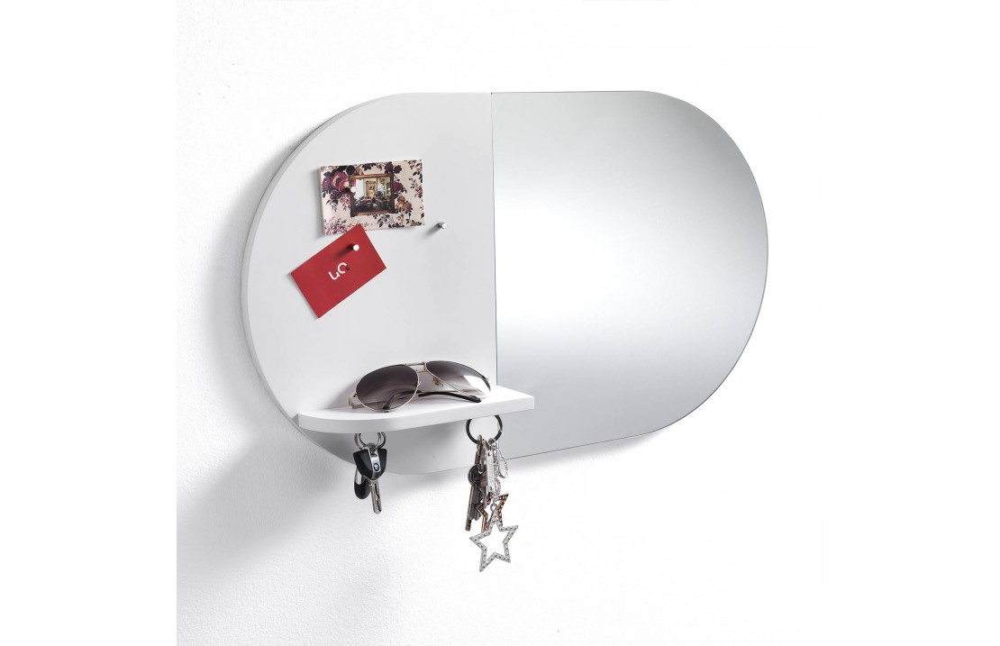 Oval mirror with key chain and magnetized panel