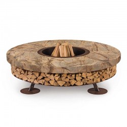 Ercole burning fire pit in steel and Rainforest marble