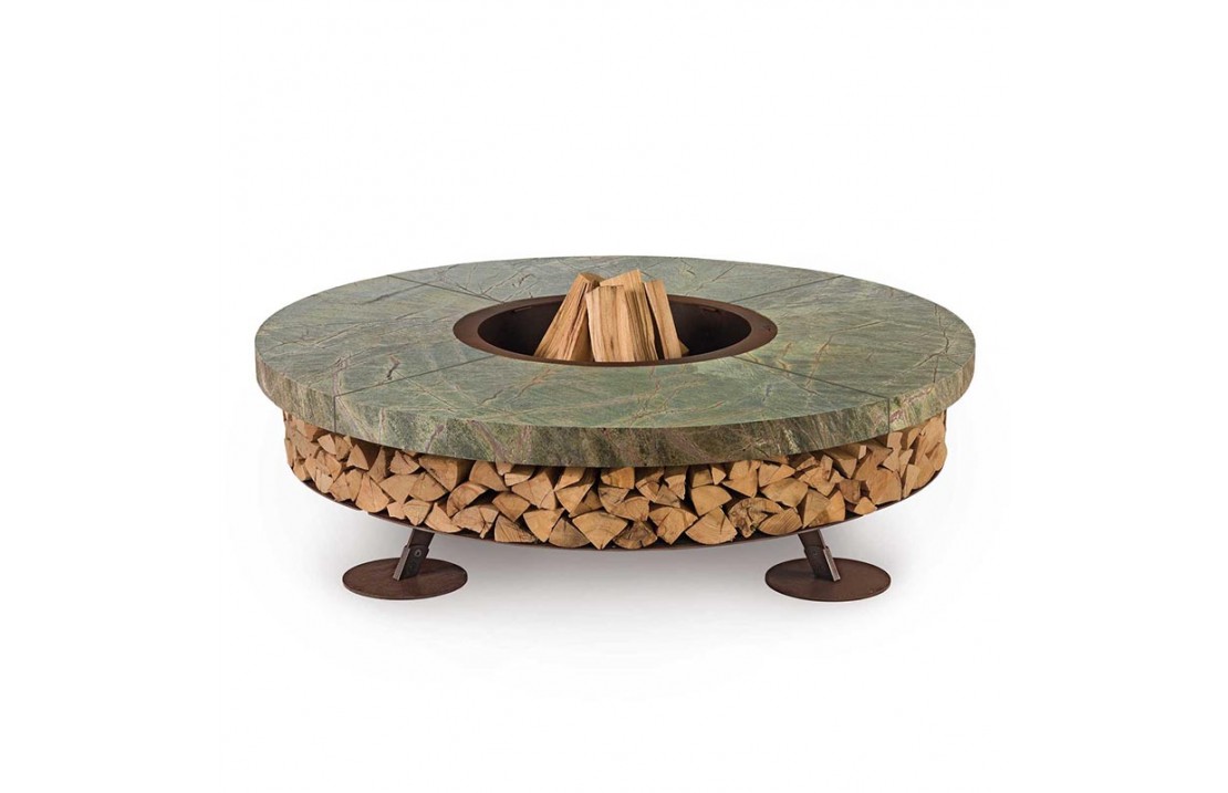 Ercole burning fire pit in steel and green marble