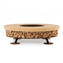 Ercole burning fire pit in steel and Teakwood marble