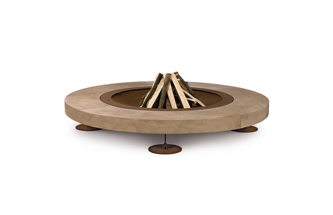 Rondo burning fire pit in steel and stone