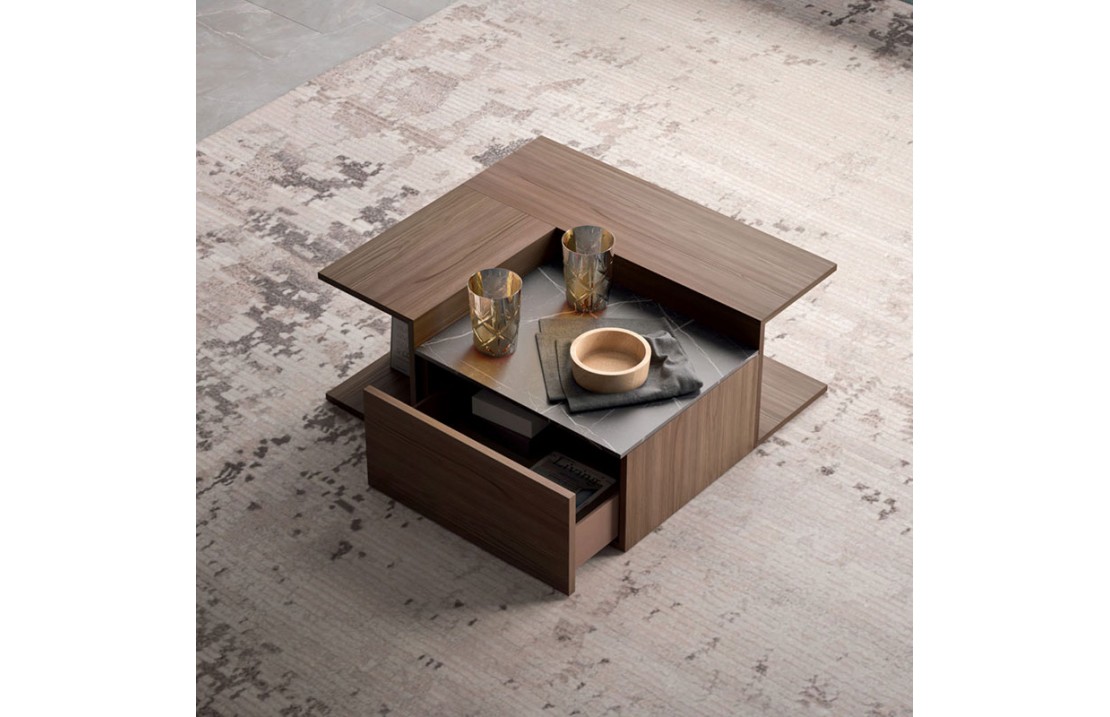 Puzzle coffee table with drawer and lowered top