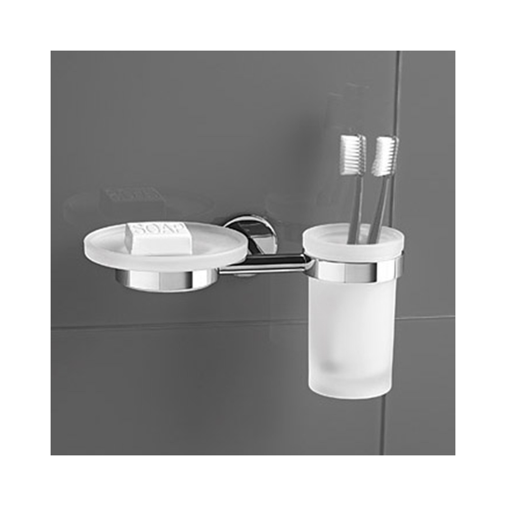 Accessorio per il bagno porta dispenser e bicchiere per spazzolini sospesi  a parete