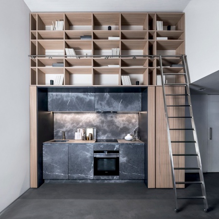 Foldaway kitchen in stone and elm - T45