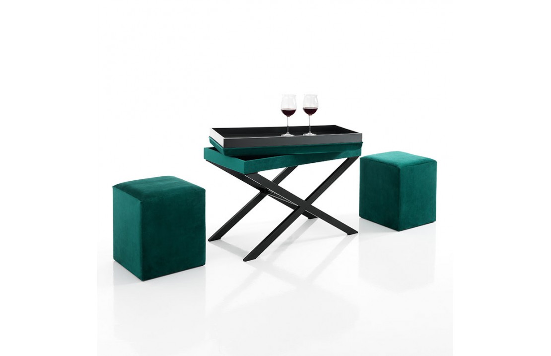 Bench / Coffee Table with 2 Poufs in green velvet - Lea