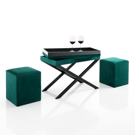 Bench / Coffee Table with 2 Poufs in green velvet - Lea