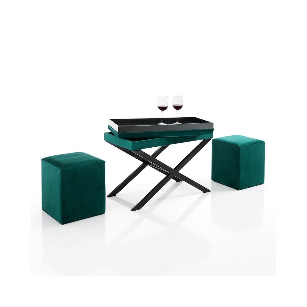 Panca / Tavolino con 2 Pouf in velluto verde - Lea