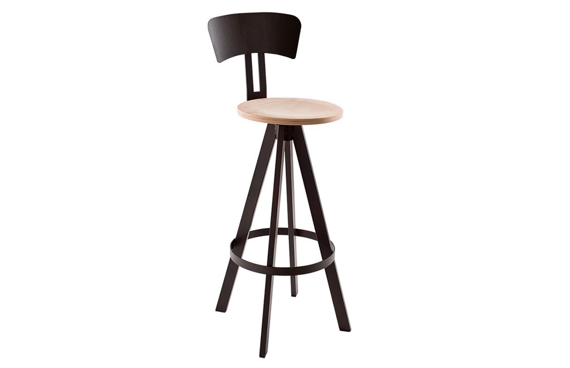 West stool with backrest in iron and wood